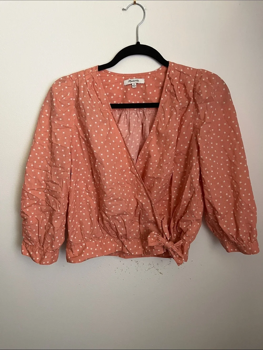 🛍️ 3/$10 Madewell Coral Star-Print Tie-Front Wrap Blouse